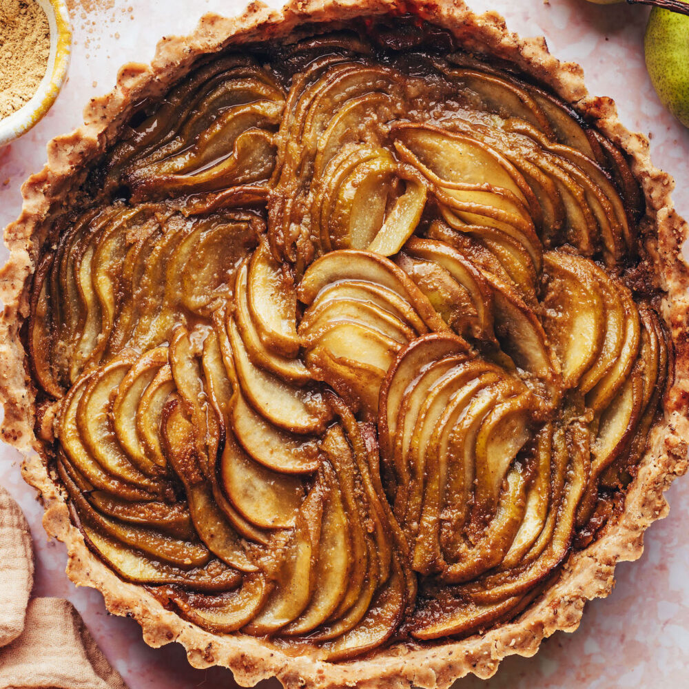 Top down shot of our gluten-free ginger pear tart