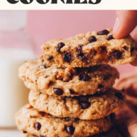 Stack of cookies with text above it saying vegan and gluten-free 1-bowl cowgirl cookies