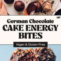 Vegan gluten-free German Chocolate Cake Energy Bites on a tray and piled high in a bowl