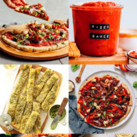 Assortment of vegan pizza recipes including toppings, sauces, and crusts