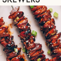 Text reading quick marinating and gluten free written above teriyaki chicken skewers