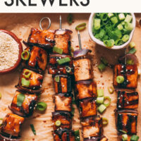 Text saying quick marinating and gluten-free above grilled teriyaki tofu skewers