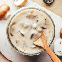 Overhead shot of a jar of vegan gluten free cream of mushroom soup