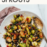 Bowl of crispy roasted brussels sprouts with dukkah seasoning