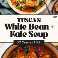 Bowl and Dutch oven filled with our Creamy Tuscan White Bean and Kale Soup made in just 1 pot