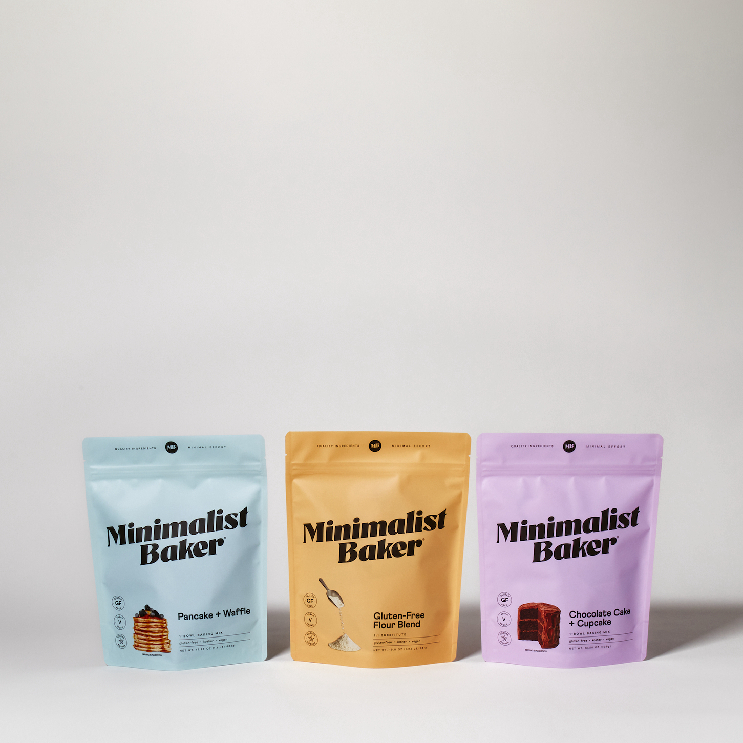 Bags of our vegan gluten-free baking mixes side by side on a white background