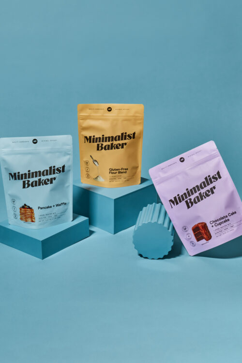 Our gluten-free baking mixes and flour blend against a blue background