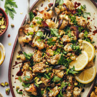 Large serving platter of our Mediterranean-inspired roasted cauliflower salad