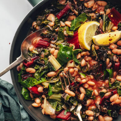 Skillet of our nourishing beans and greens recipe