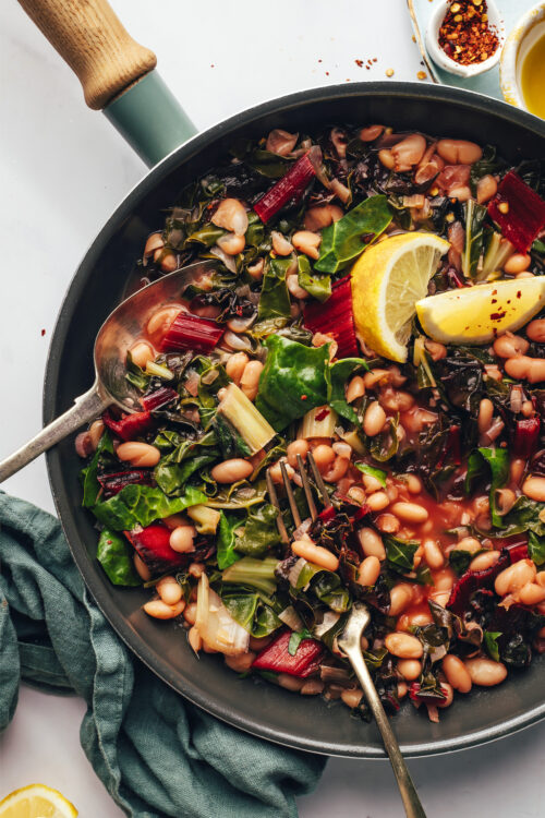 Skillet of our nourishing beans and greens recipe