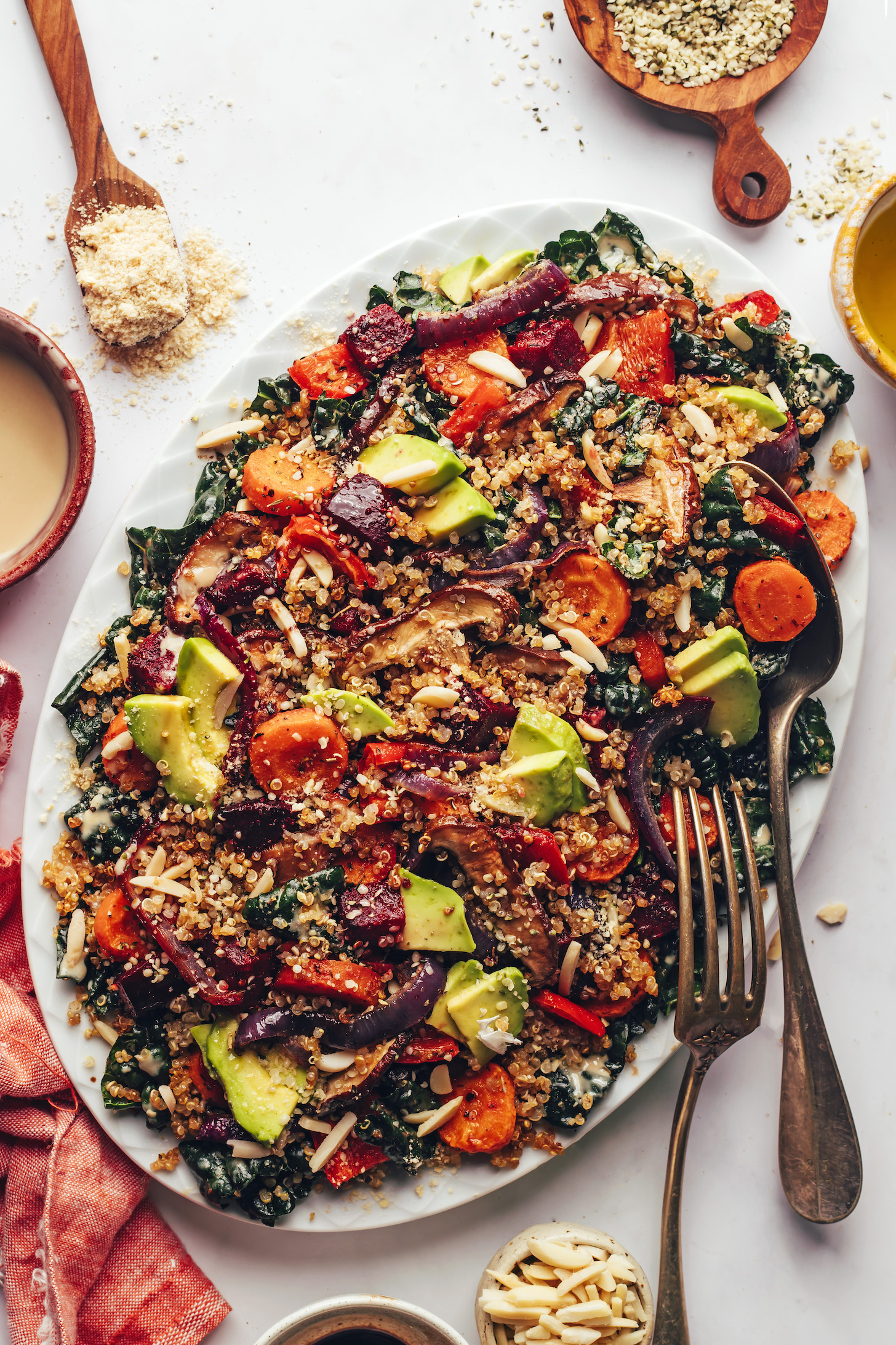 Large platter of our crispy quinoa & roasted vegetable kale salad