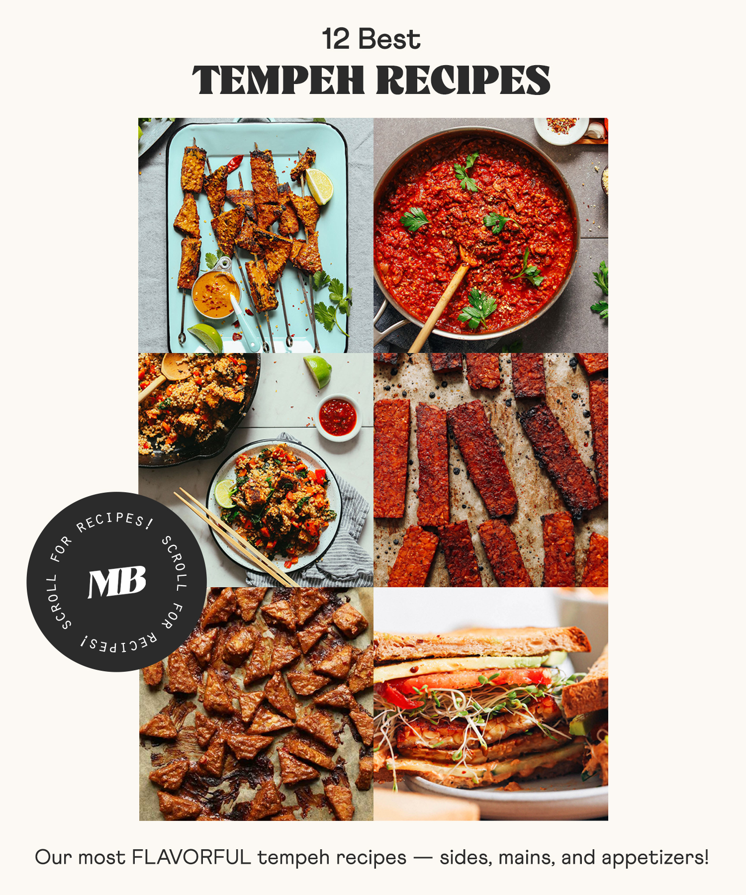 Assortment of photos of tempeh recipes