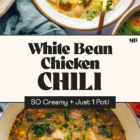 A bowl and stock pot of our creamy dairy-free white bean chicken chili recipe