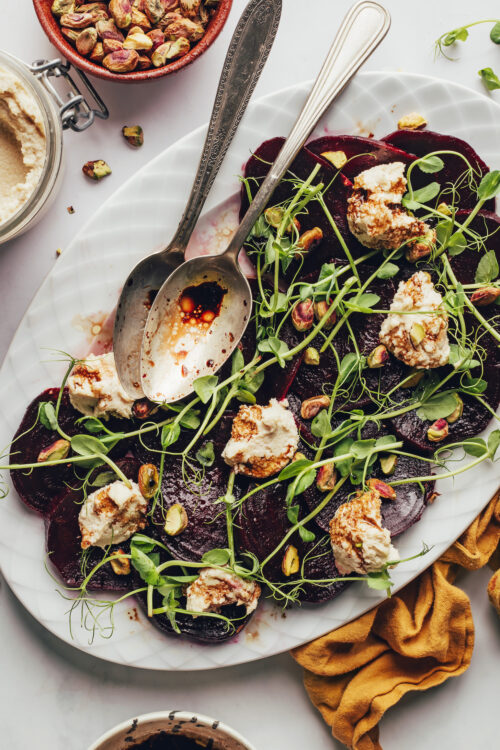 Platter of our roasted beet salad with homemade vegan goat cheese