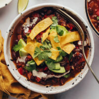 Overhead shot of a bowl of black bean chili with toppings