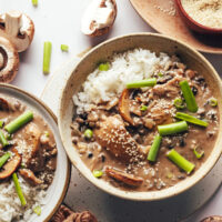 Bowls of mushroom chicken with rice