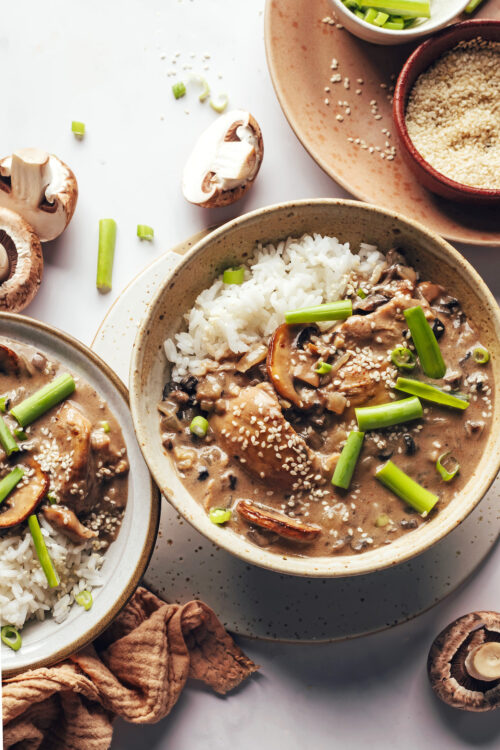 Bowls of mushroom chicken with rice