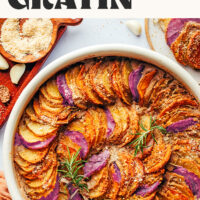 Bowl of vegan potato gratin