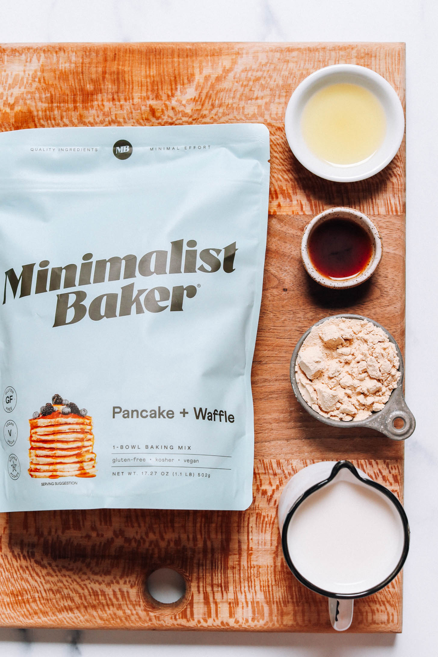 Minimalist Baker pancake and waffle mix, dairy-free milk, protein powder, vanilla, and avocado oil