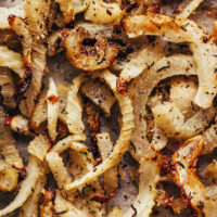 Close up shot of a pan of caramelized roasted fennel