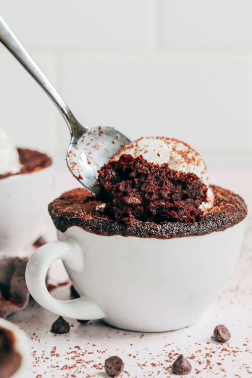 Spoon holding a bite of our vegan gluten-free chocolate mug cake and vanilla ice cream