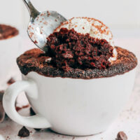Spoon scooping into a gluten-free chocolate mug cake