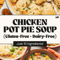 Dutch oven and bowl of our gluten-free dairy-free chicken pot pie soup made with just 10 ingredients