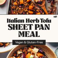 Bowl and baking sheet of our Italian Herb Tofu Sheet Pan Meal recipe that's vegan and gluten-free