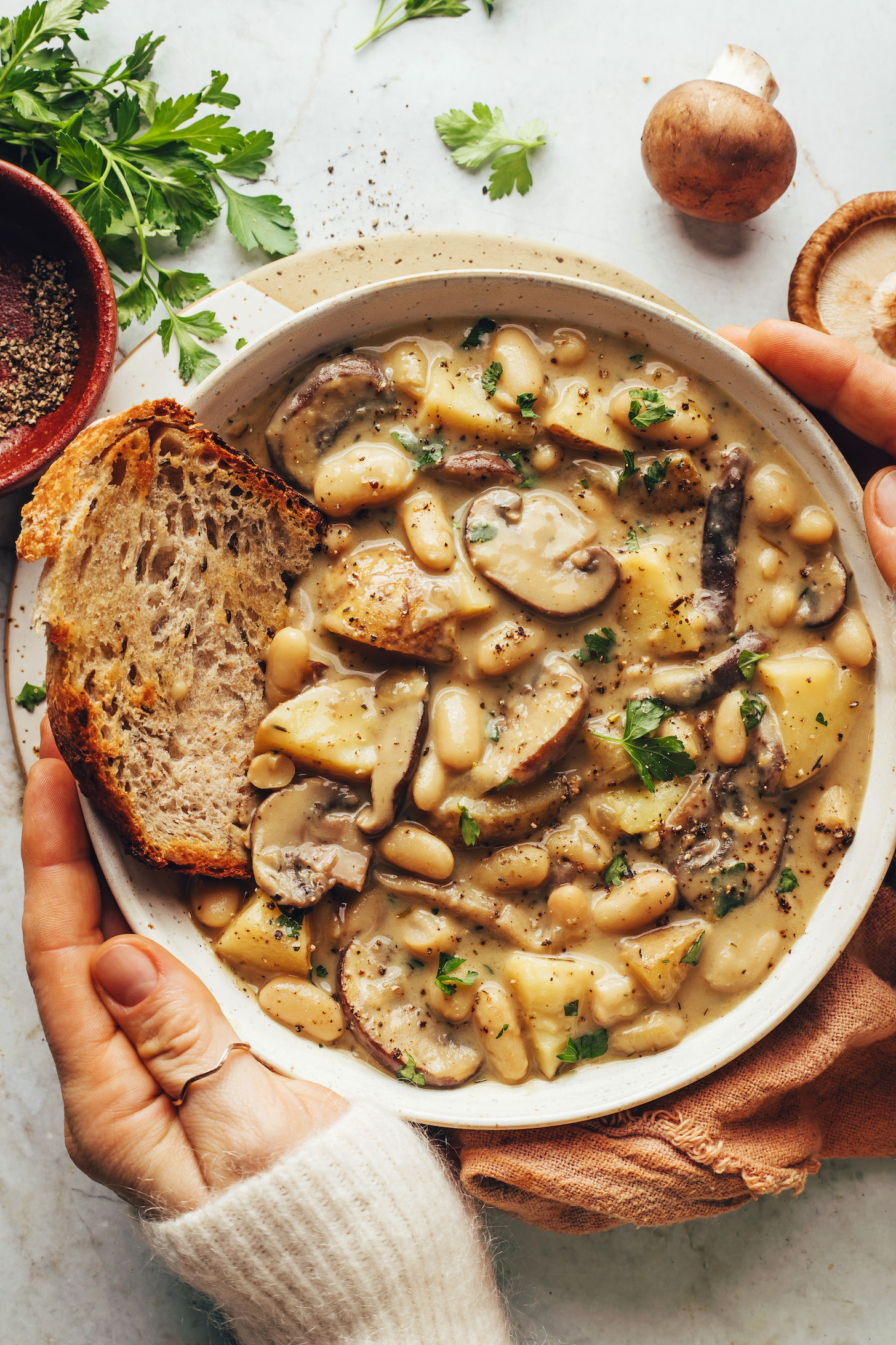 Hands holding a bowl of vegan white bean mushroom stew with a slice of toasted bread in it