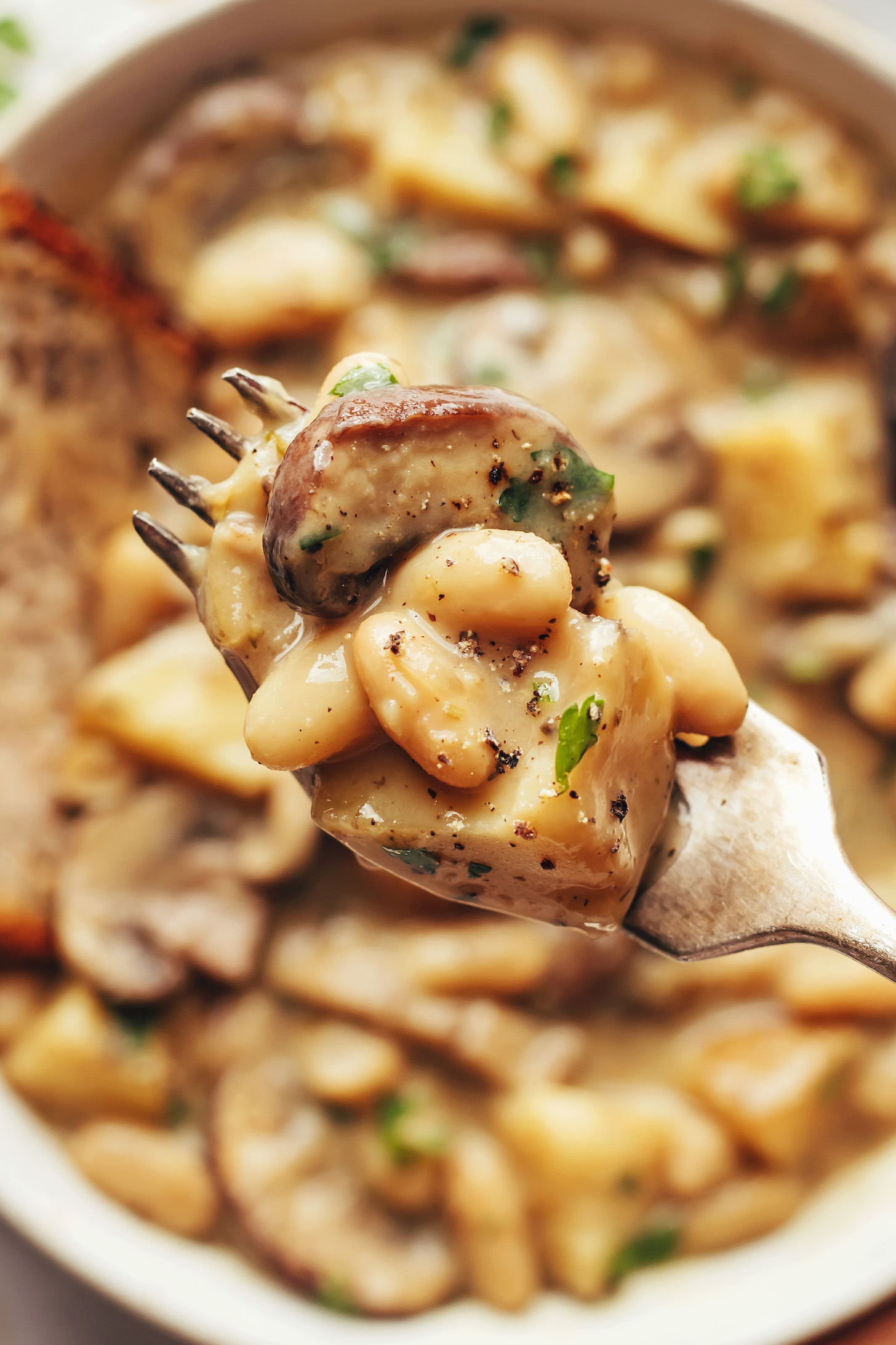 Close-up shot of mushroom white bean potato stew on a fork