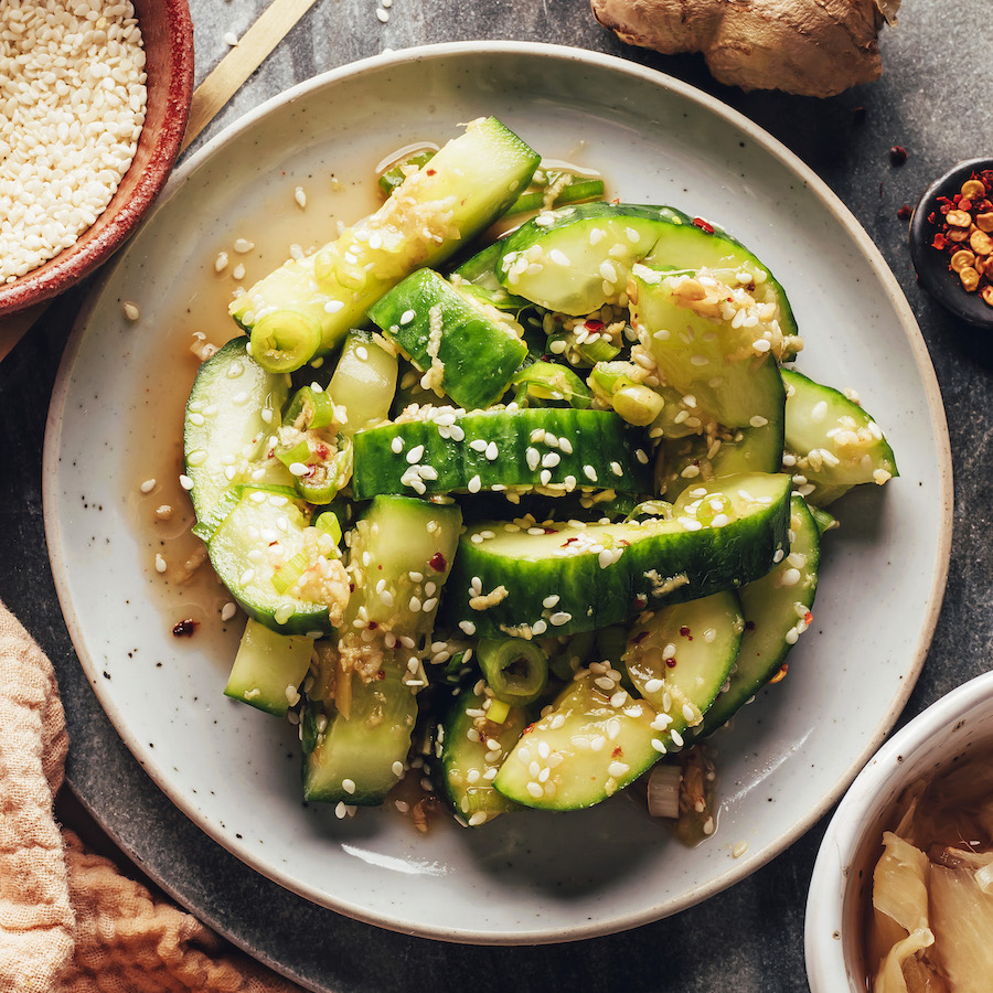 Plate of our gingery smashed cucumber salad recipe