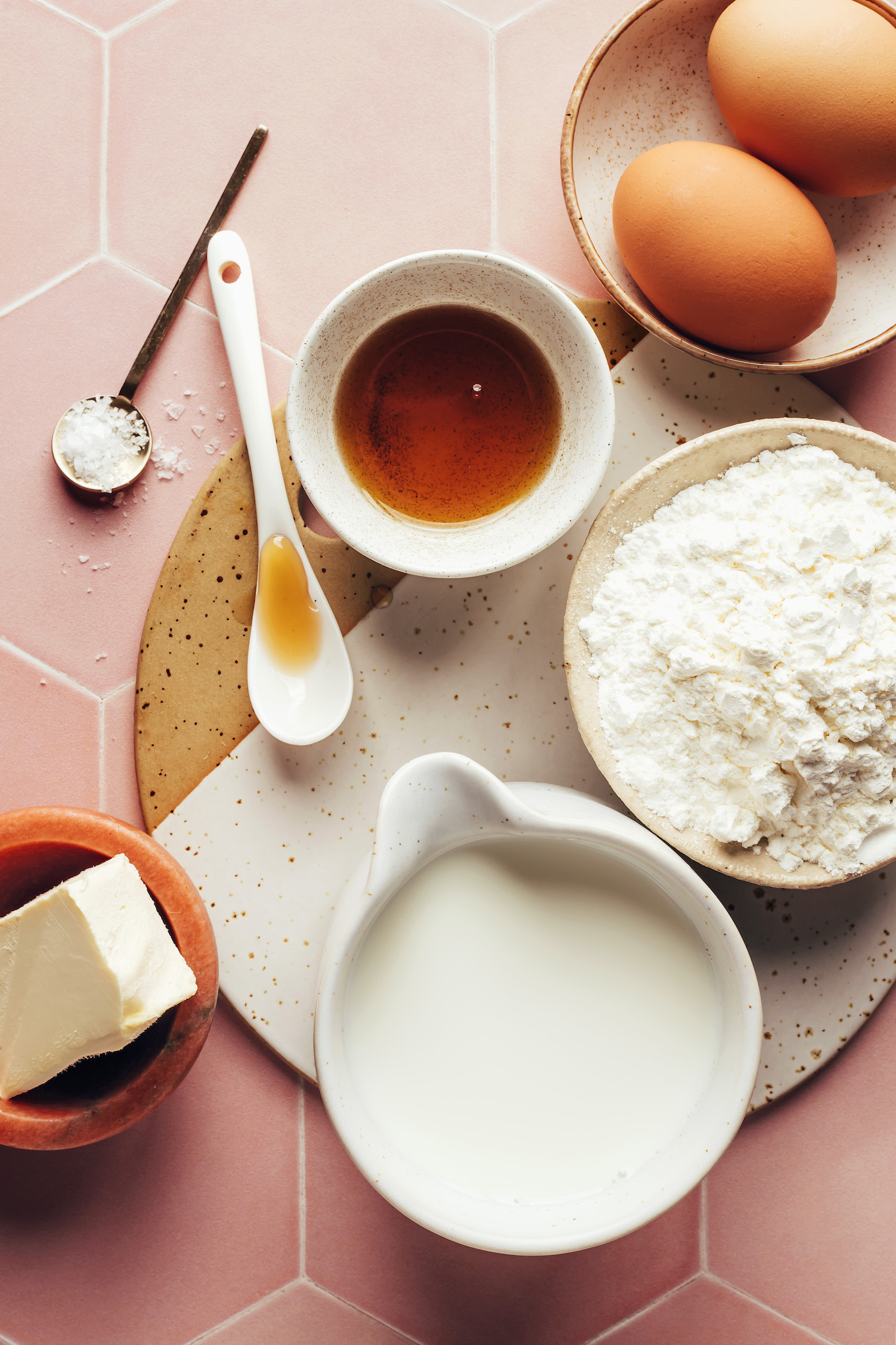 Eggs, maple syrup, salt, vanilla, dairy-free butter, dairy-free milk, and gluten-free flour