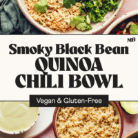 Smoky black bean quinoa chili bowl with text that says vegan and gluten-free and bowls of the components to make it