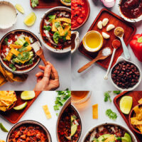 Bowls of our easy black bean chili recipe next to ingredients used to make it