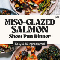 Plates of our Miso-Glazed Salmon Sheet Pan Dinner with text that says easy and 10 ingredients