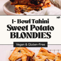 Overhead and stacked photos of our 1-bowl Tahini Sweet Potato Blondies that are vegan and gluten-free