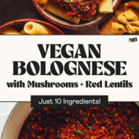 Vegan bolognese in a Dutch oven and in a bowl with pasta and text that says with mushrooms and red lentils and just 10 ingredients