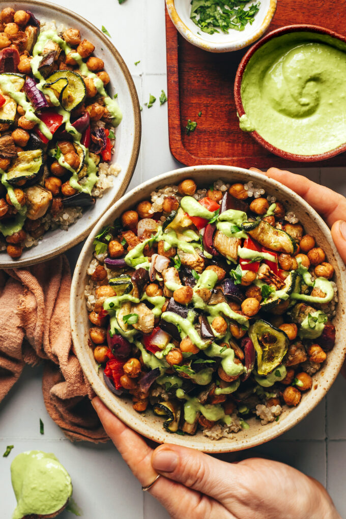 Roasted Chickpea & Veggie Bowls with Green Tahini Sauce