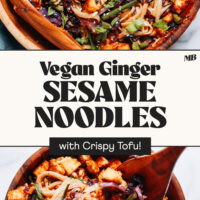 Bowls of our vegan ginger sesame noodles with crispy tofu