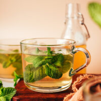 Clear glass mugs filled with homemade fresh mint tea