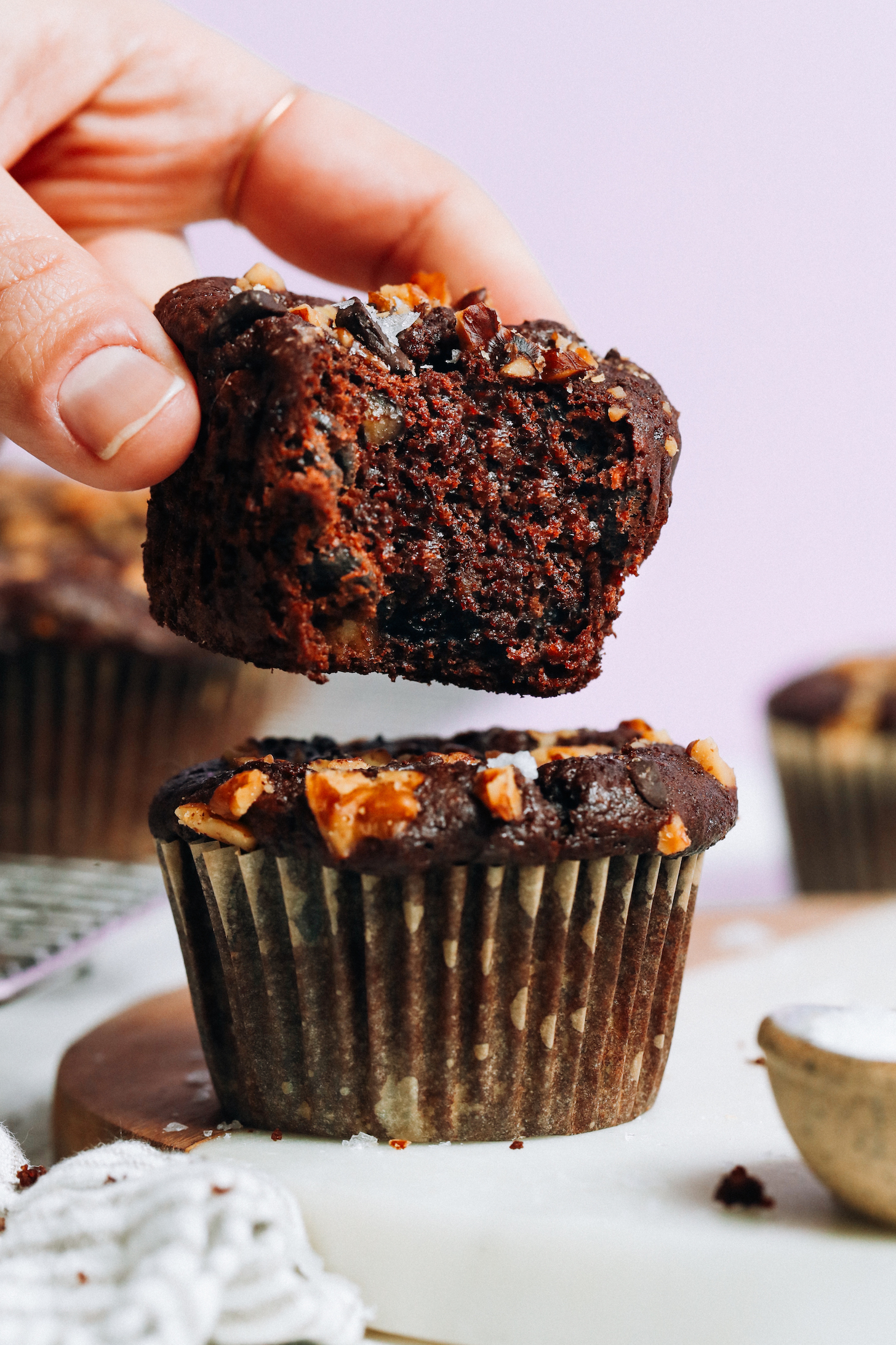 Hold a salted chocolate banana nut muffin to reveal the inner texture