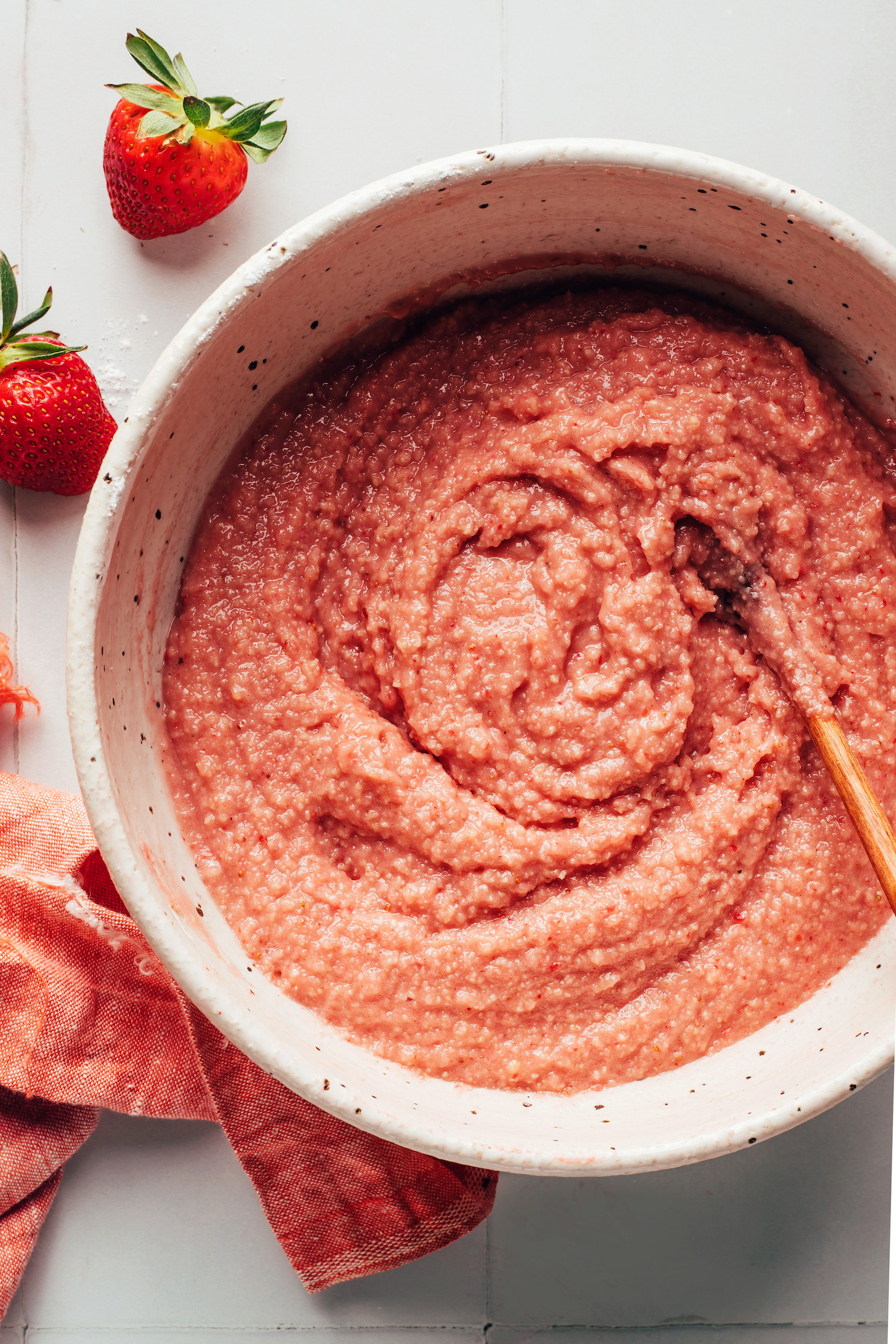 Bowl of vegan gluten-free strawberry donut batter