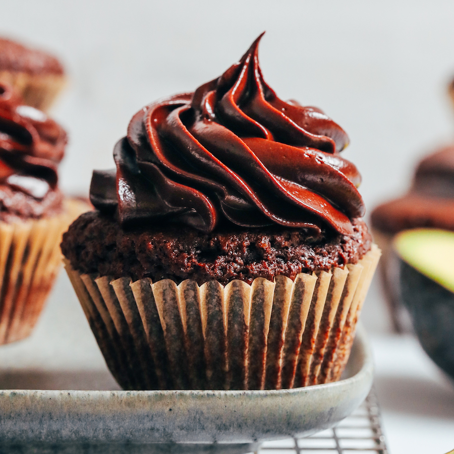 Chocolate Cupcakes topped with Vegan Chocolate Avocado Frosting