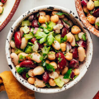 Overhead shot of a bowl of our easy three bean salad recipe