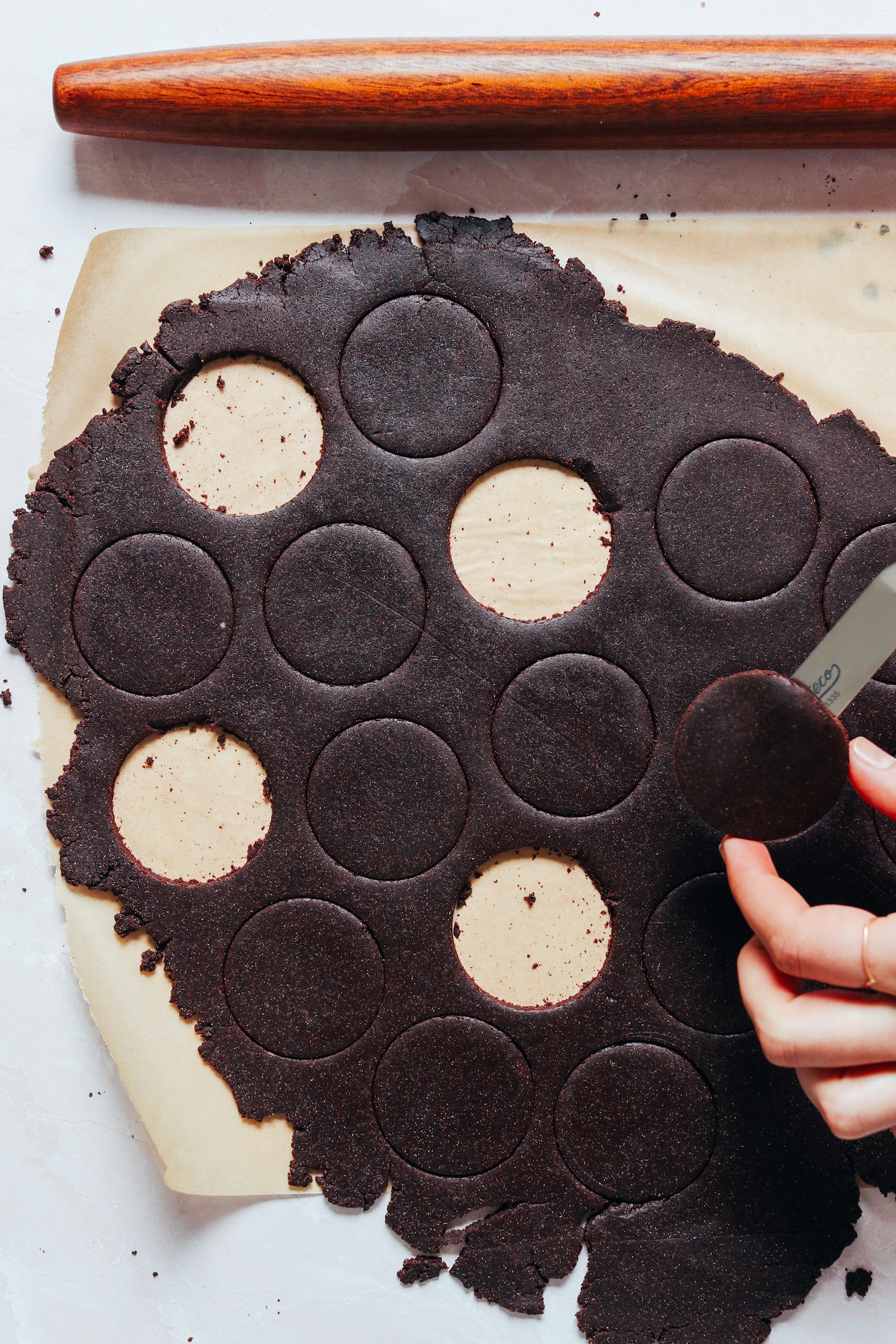 Rolled-out chocolate cookie dough cut out with a circle cookie cutter