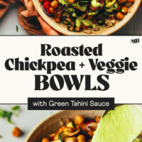 Photos of bowls of our roasted chickpea and veggie bowls with one of them being drizzled with green tahini sauce