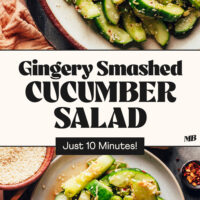 Photos of a bowl and plate of our smashed cucumber salad recipe ready in just 10 minutes