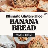 Photos of a loaf of our ultimate gluten-free banana bread that's easy to make in 1 bowl