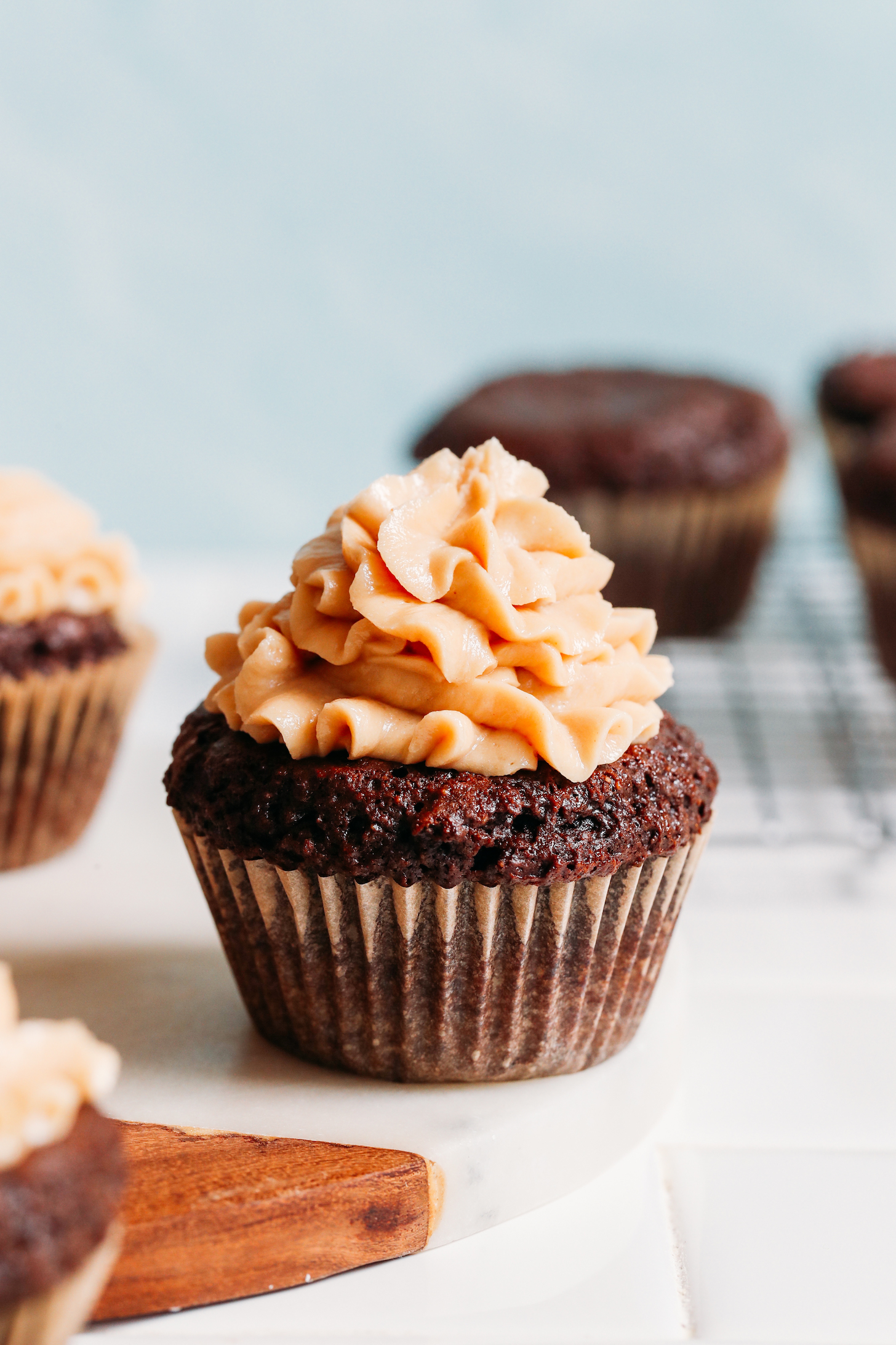 Vegan peanut butter frosting on a chocolate cupcake