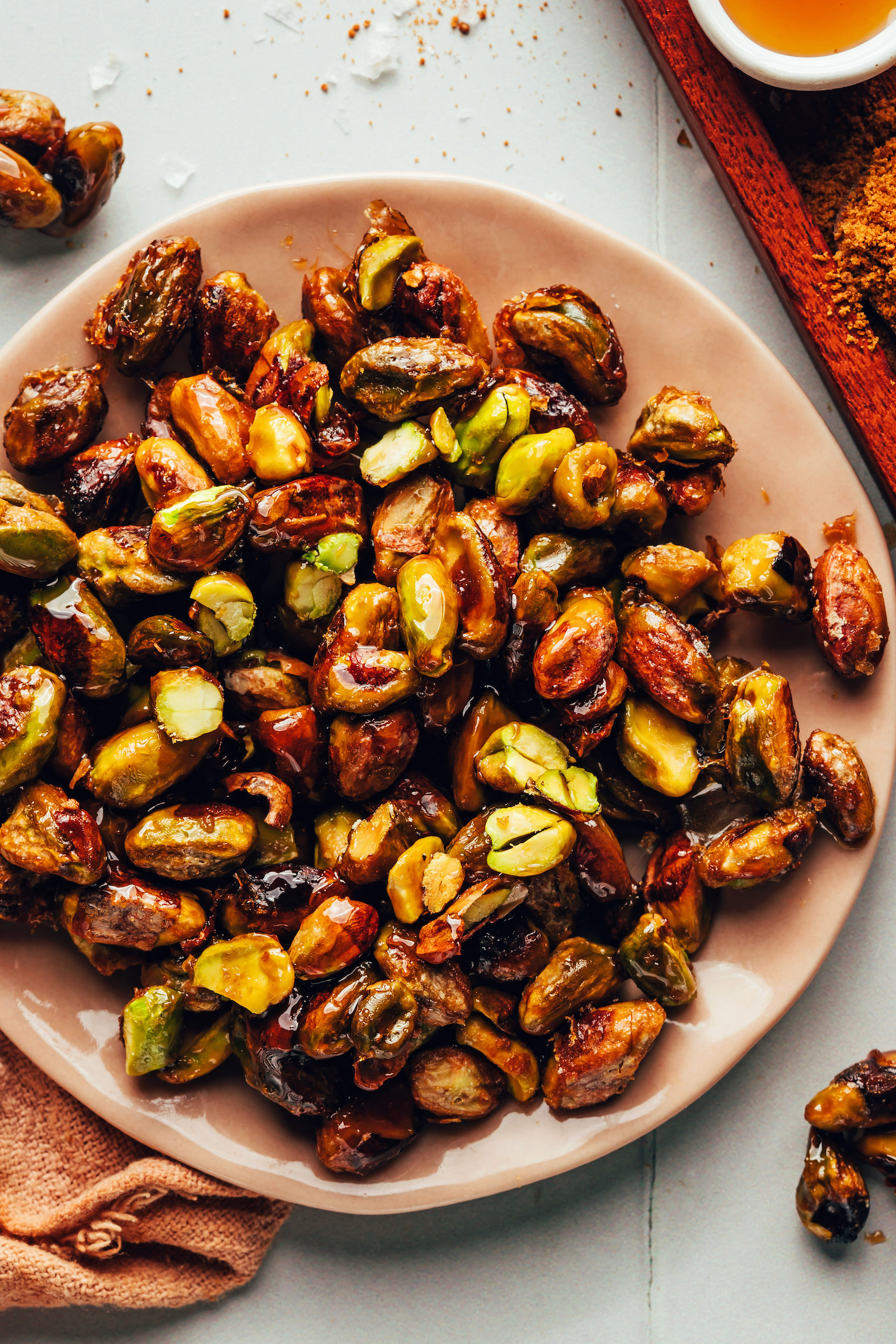Plate of crispy homemade candied pistachios